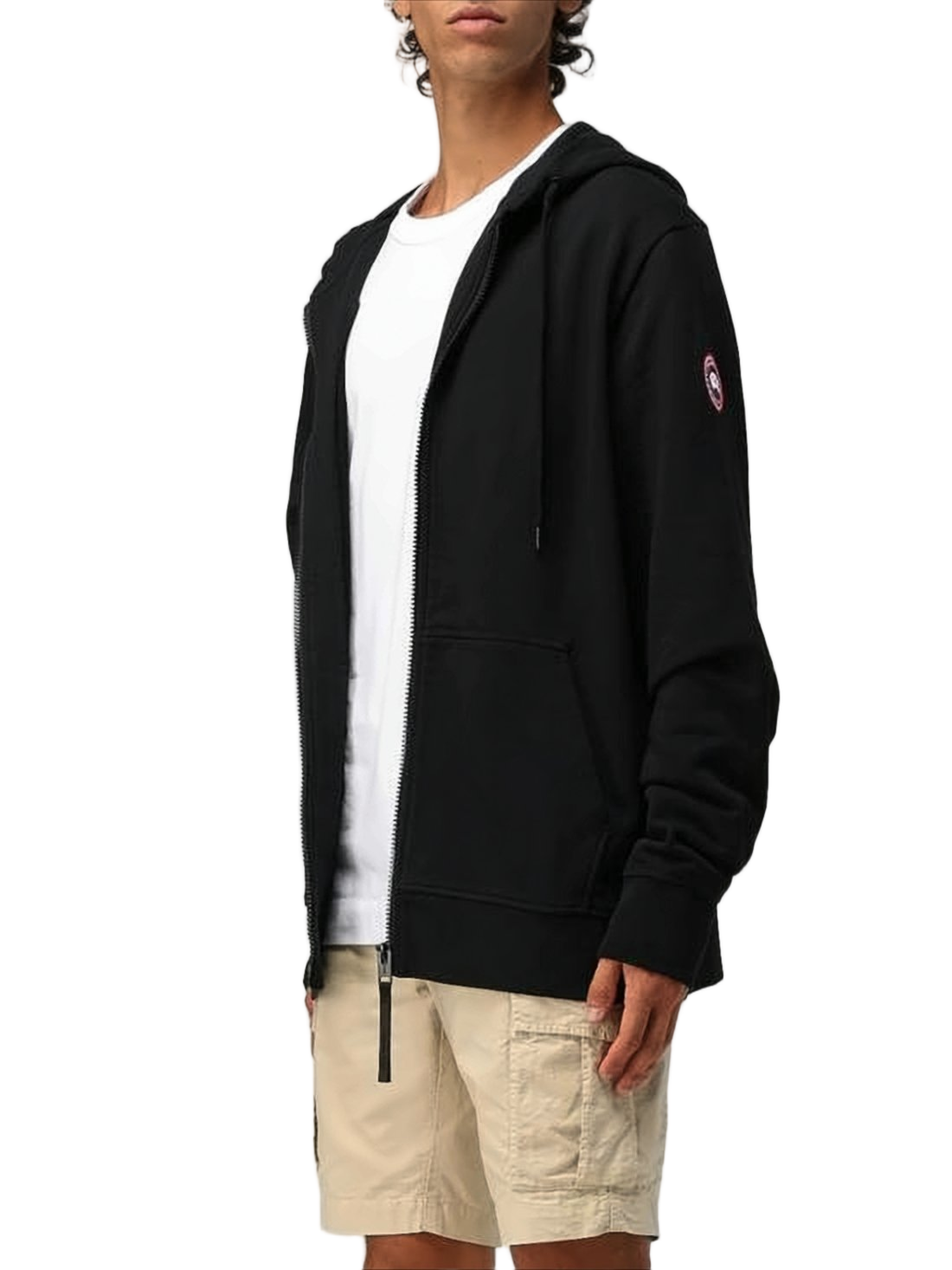 Black Zip-Up Hoodie with Circular Logo Patch