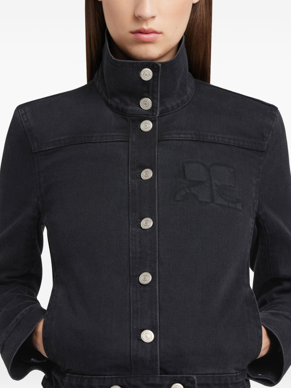 Cropped Jacket with High Collar and Metallic Buttons