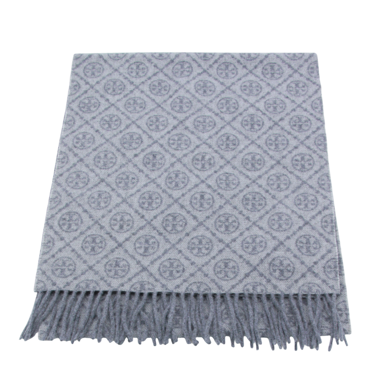 Geometric Patterned Grey Scarf With Fringed Edges