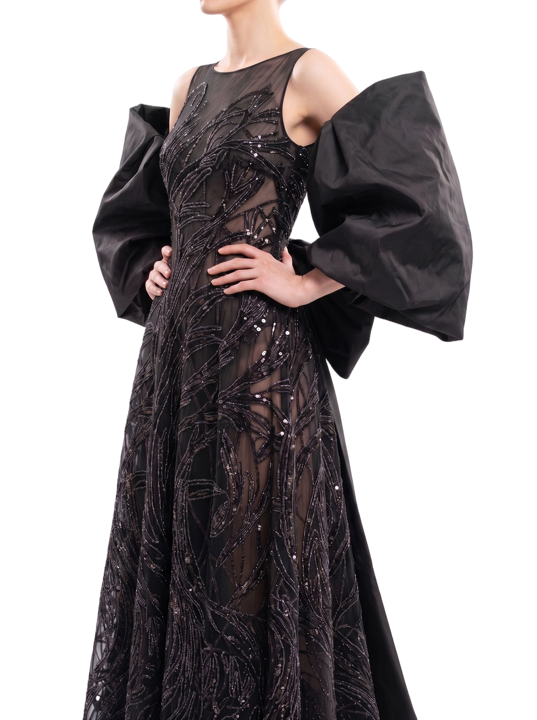 Bronze Tulle Evening Dress With Embroidery And Dramatic Cape