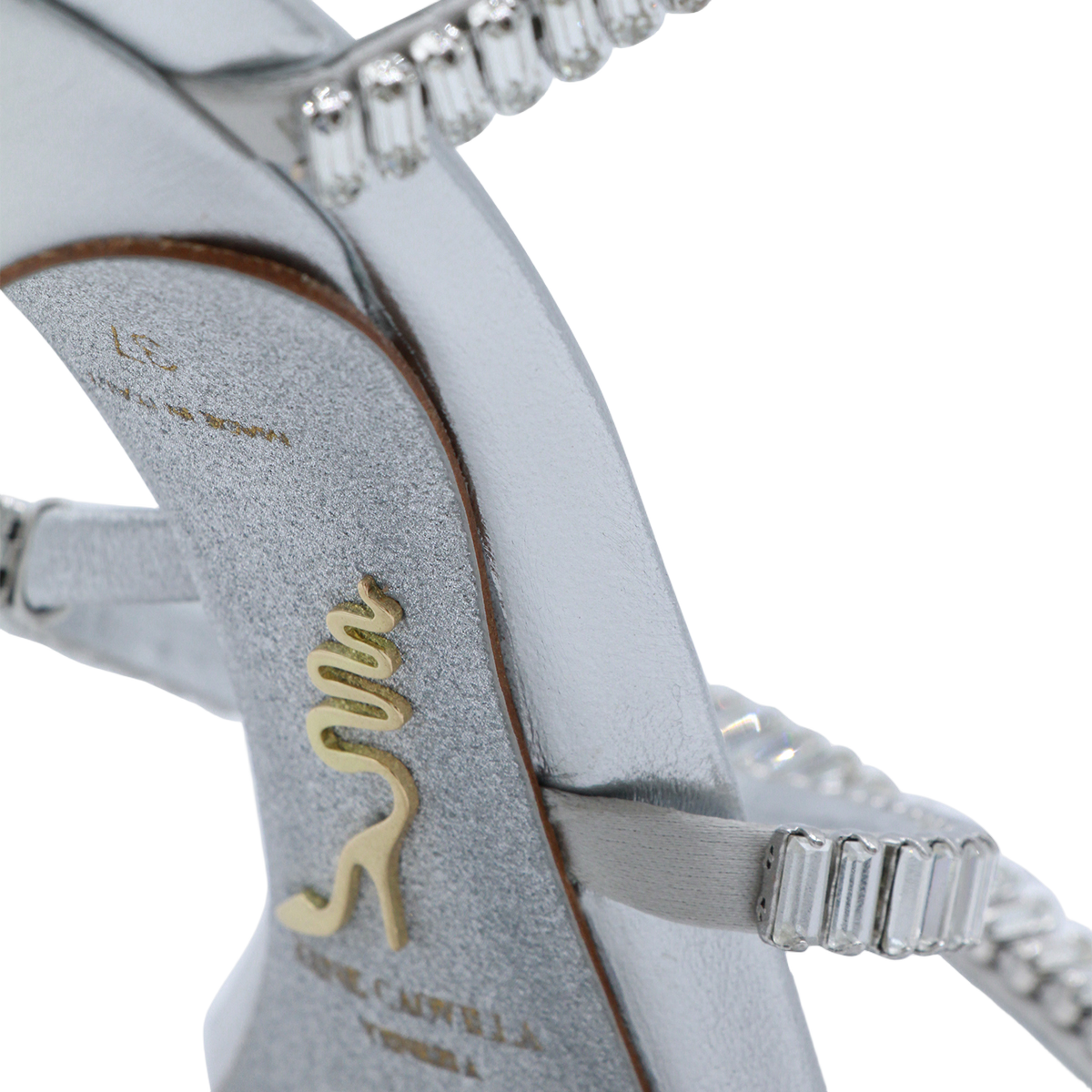 High-Heeled Silver Sandals with Crystal Embellishments