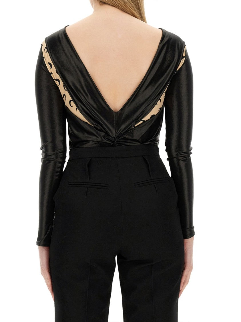 Draped Bodysuit With Glossy Black Fabric