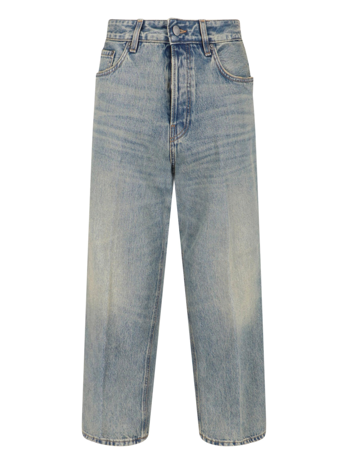 Blue Cotton Denim Straight-Leg Jeans With Five-Pocket Design