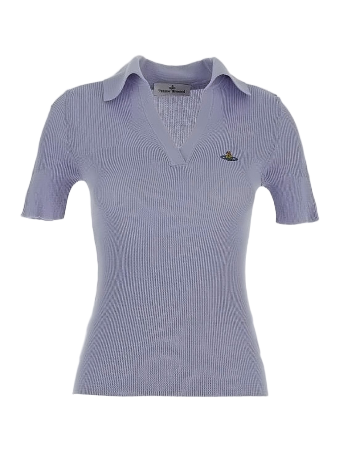 Ribbed Knit Short-Sleeved Sweater with V-Neckline