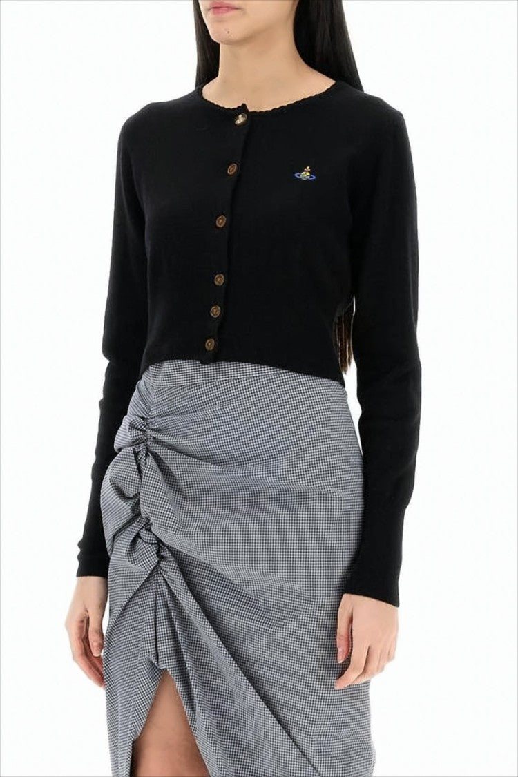 Cropped Cardigan with Button-Down Front and Embroidered Detail