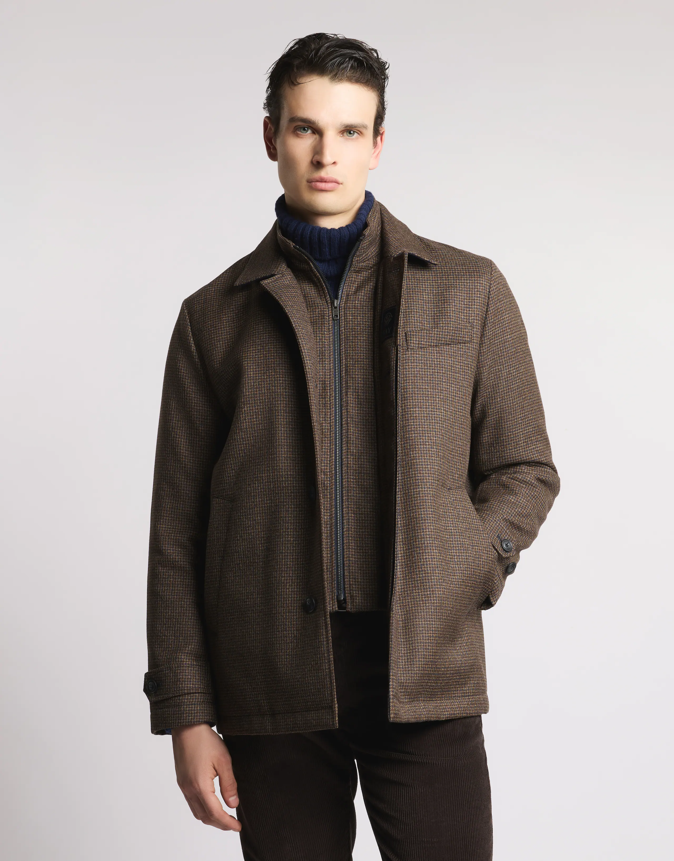 Brown Checked Wool Jacket With Subtle Detailing