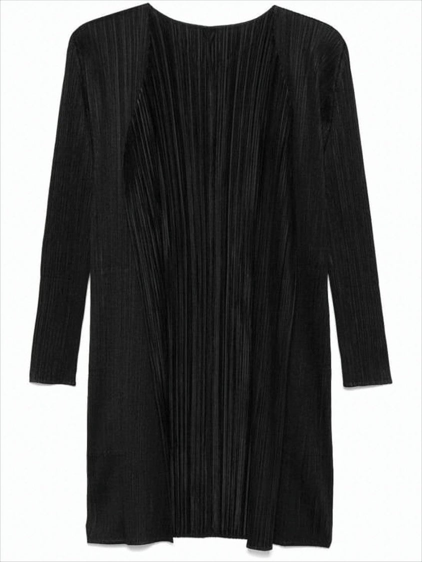 Pleated Design Cardigan With Long Silhouette And Round Neckline