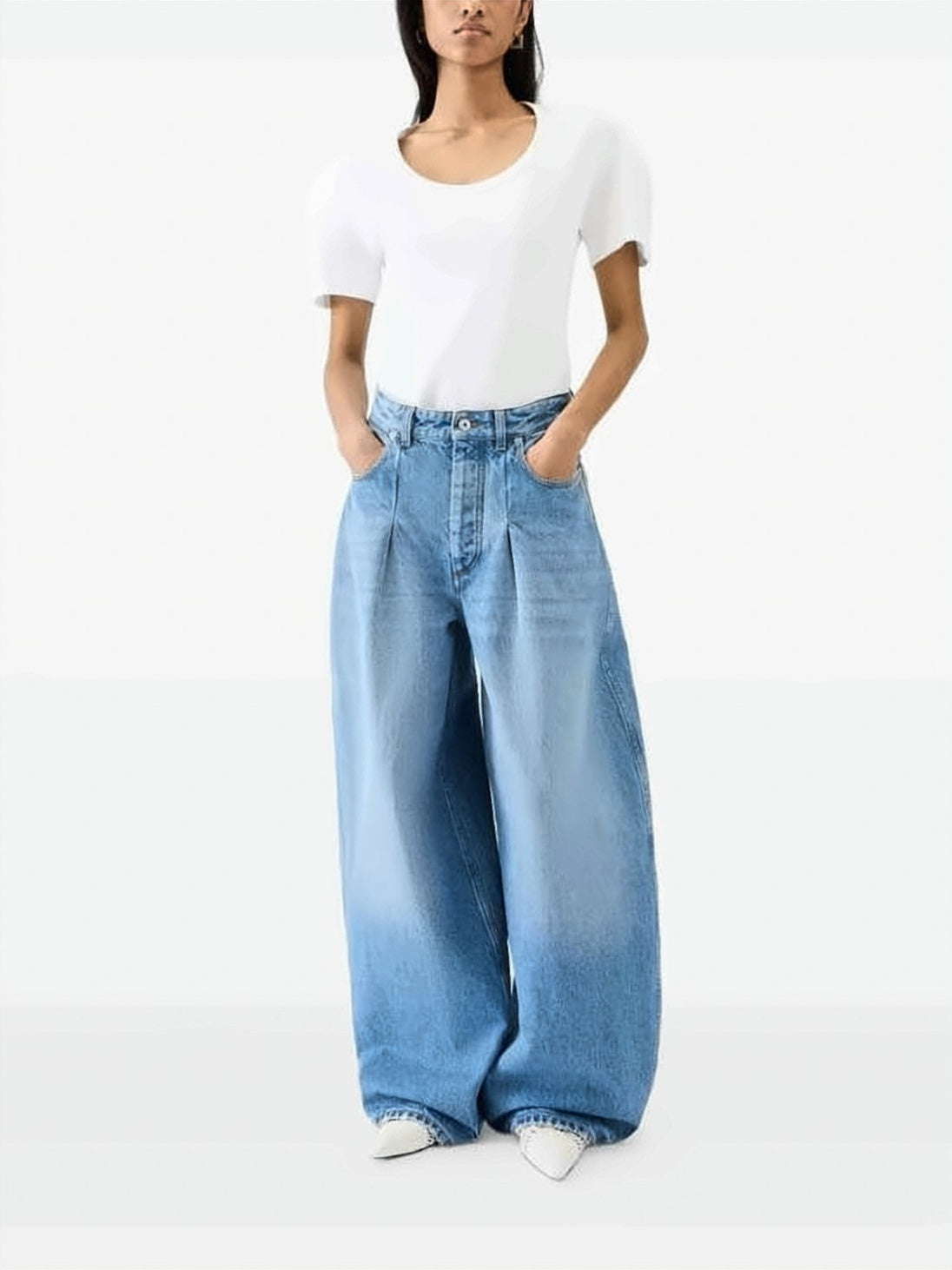 Wide-Leg Denim Trousers with Pleated Detailing