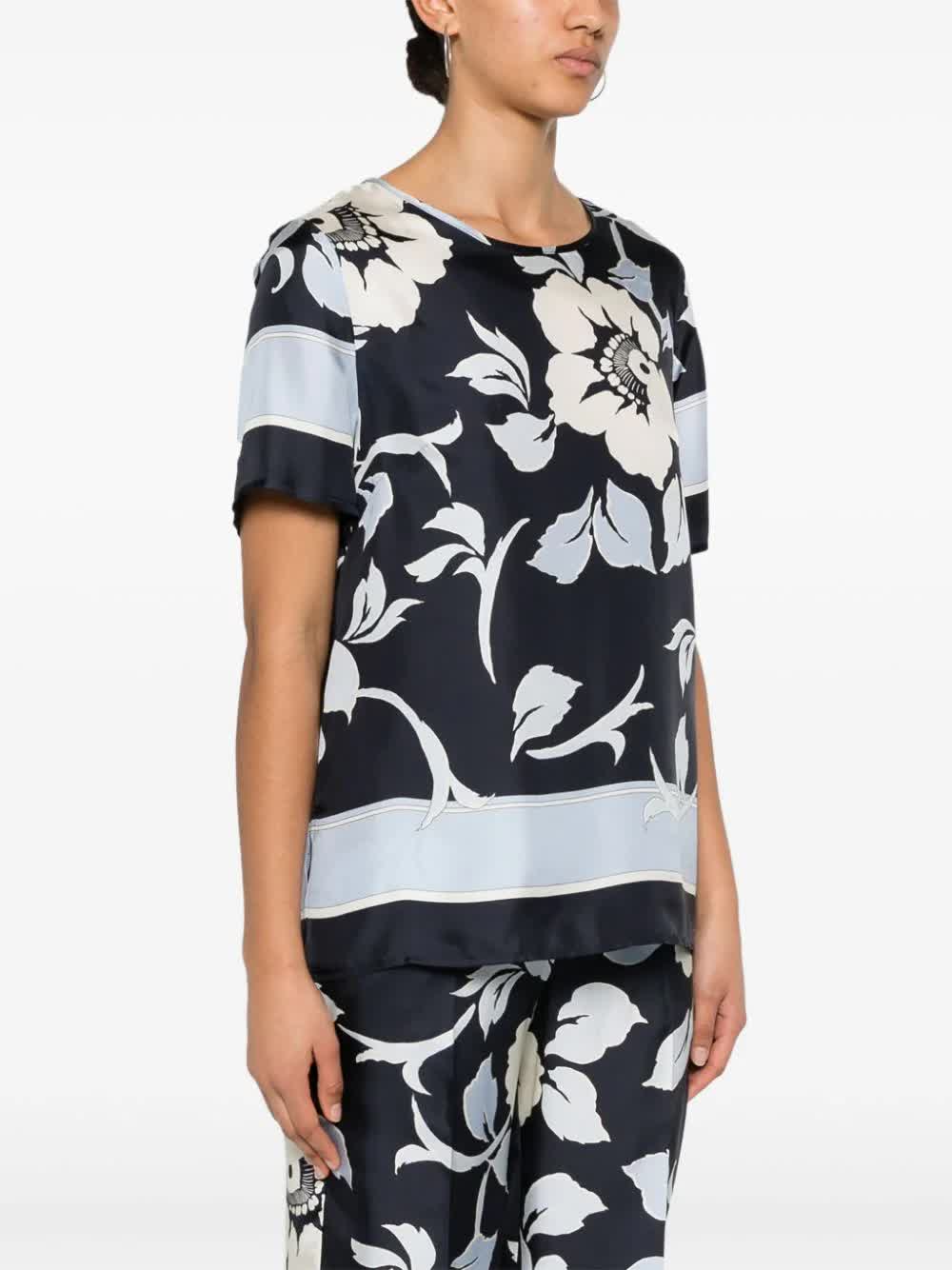 Floral Print Silk Short Sleeve Blouse