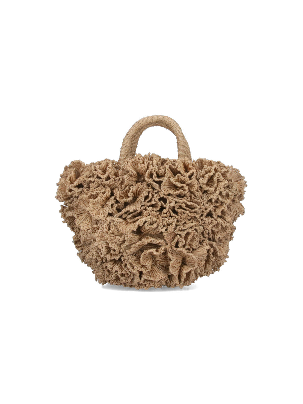 Ruffled Beige Handbag With Textured Design And Drawstring Closure