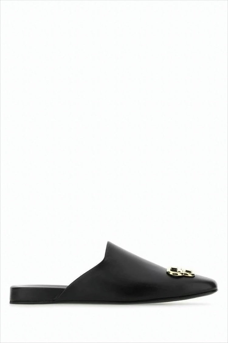 Pointed Toe Mule Flats with Subtle Gold Emblem