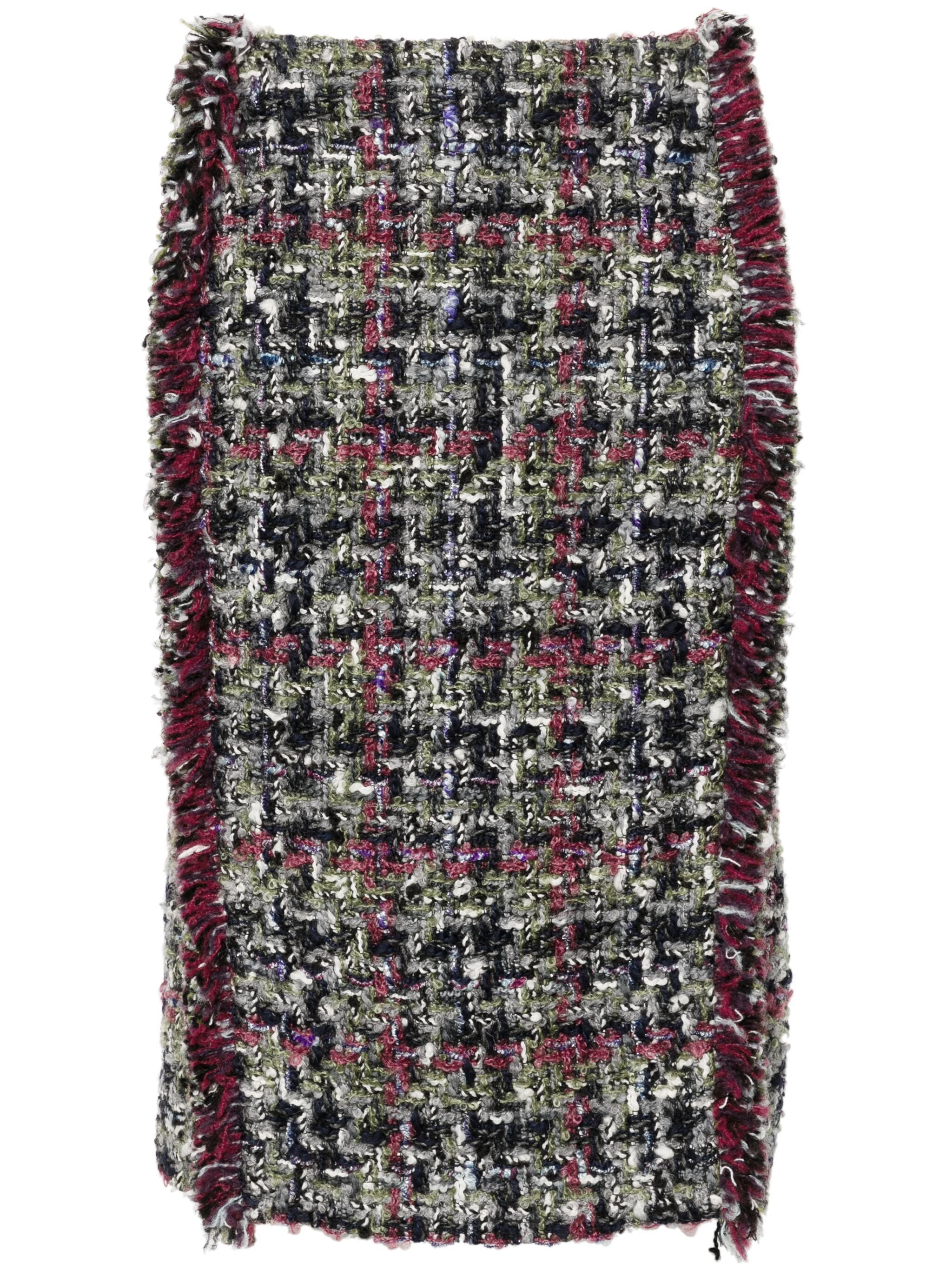 Multicolor Knee-Length Textured Wool Tweed Skirt