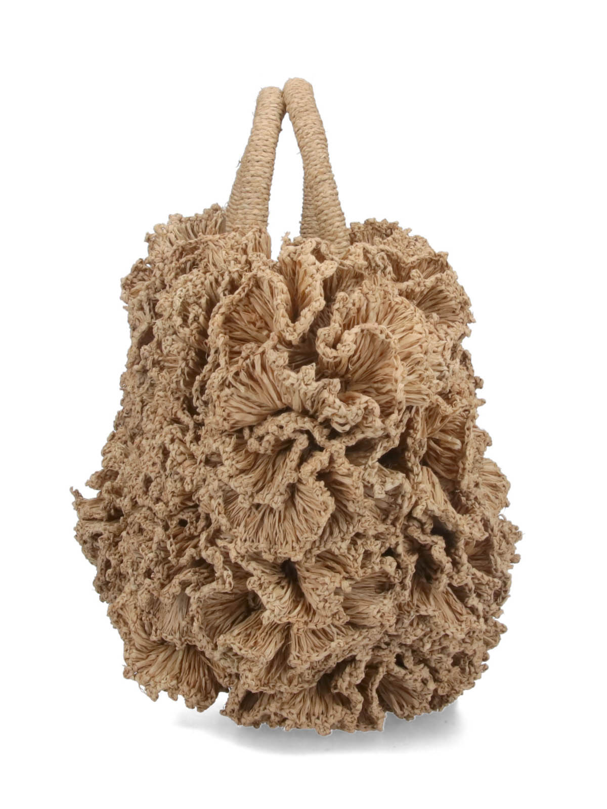 Ruffled Beige Handbag With Textured Design And Drawstring Closure