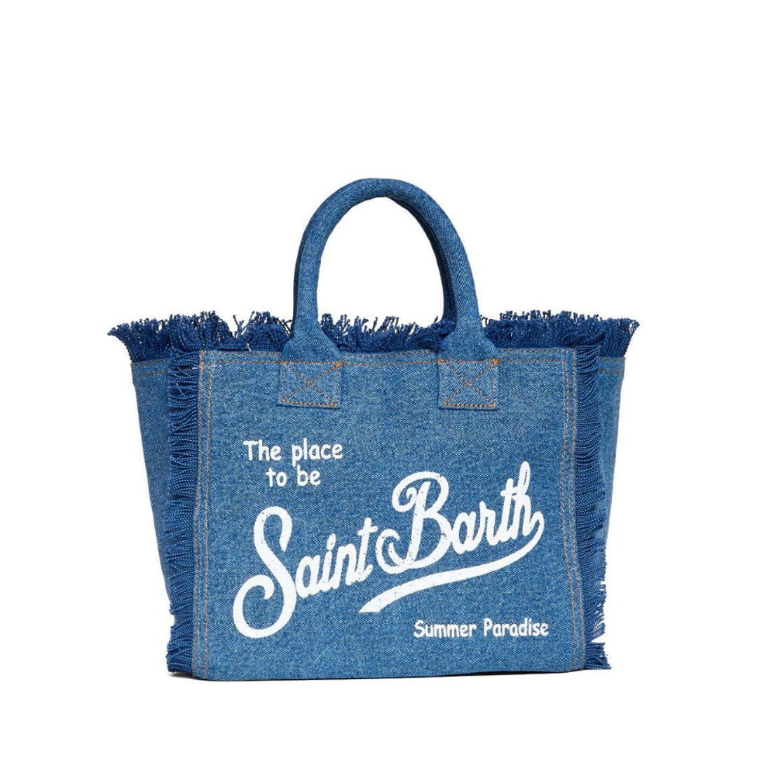 Textured Denim Tote Bag with Fringed Trim