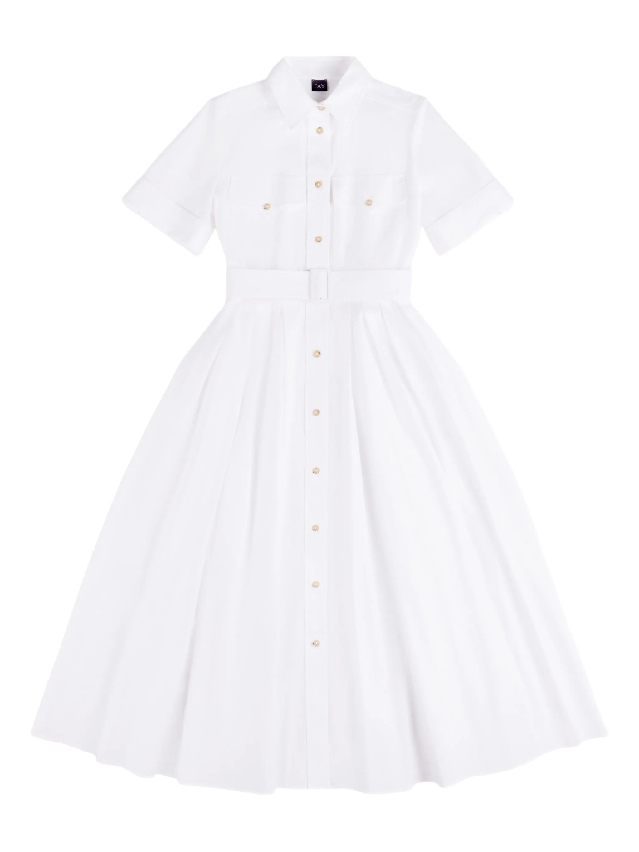 White Midi Structured Collar Belted Dress