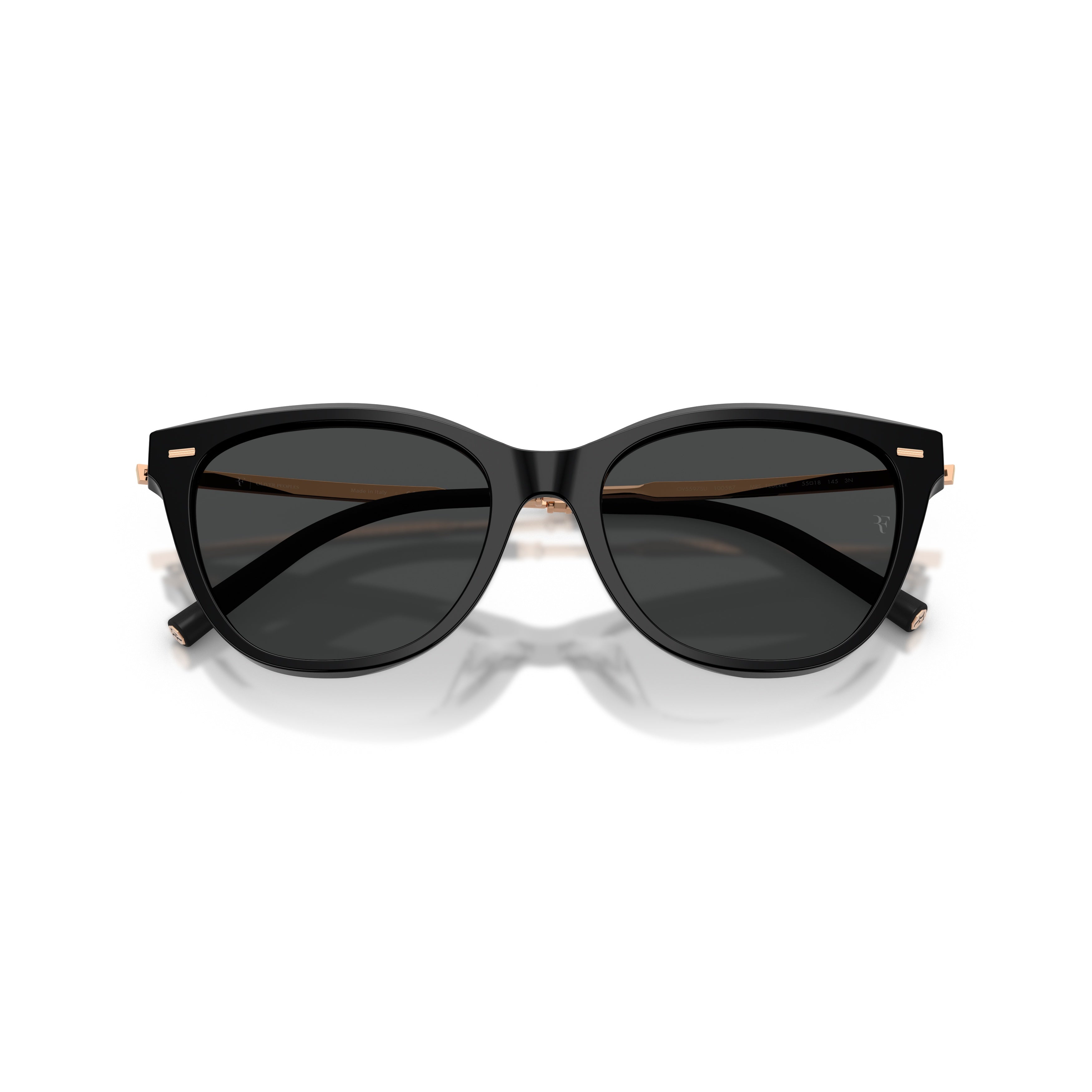 0ov5597su Glossy Black Cat-Eye Sunglasses with Rose Gold Accents