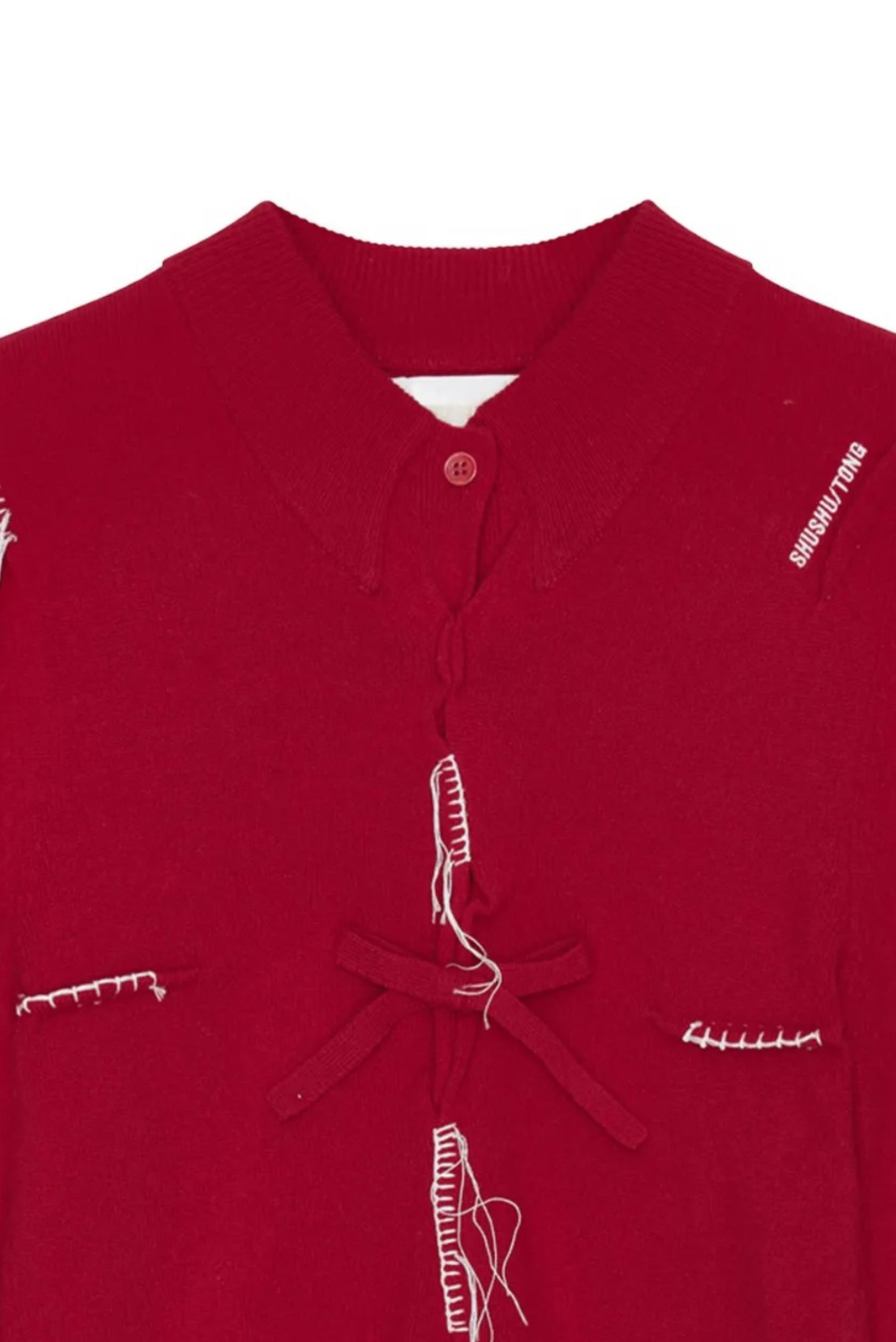 Red Pin-Tuck Threadwork Knit Top