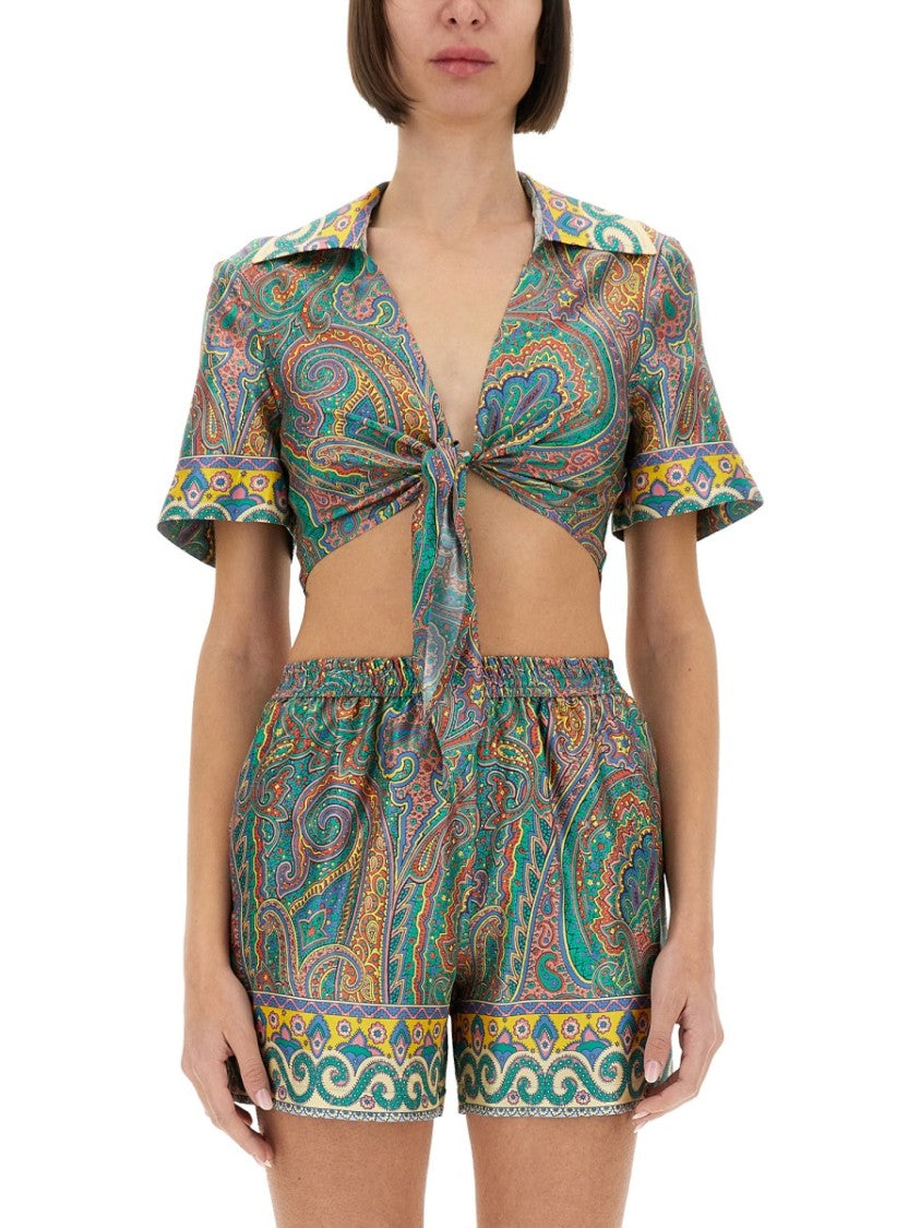 Cropped Paisley Print Silk Top