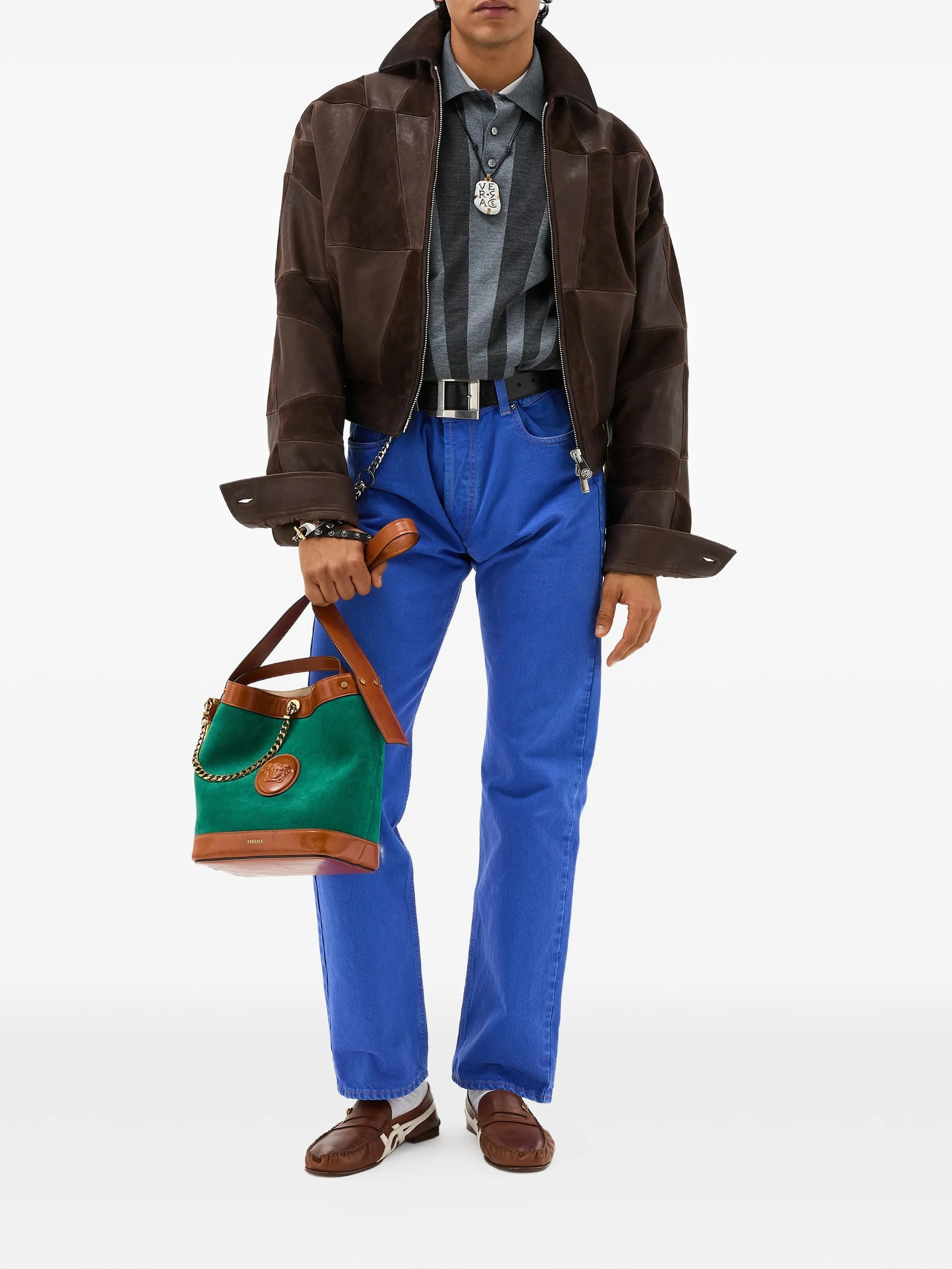 Brown Blouson Leather Patchwork Cropped Jacket
