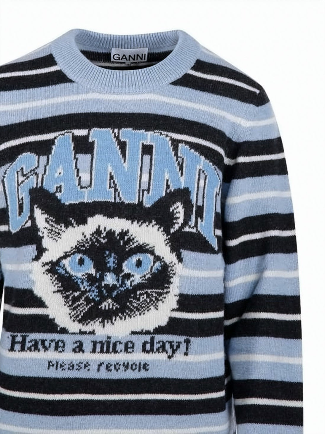 Horizontal Stripe Knit Sweater with Cat Graphic