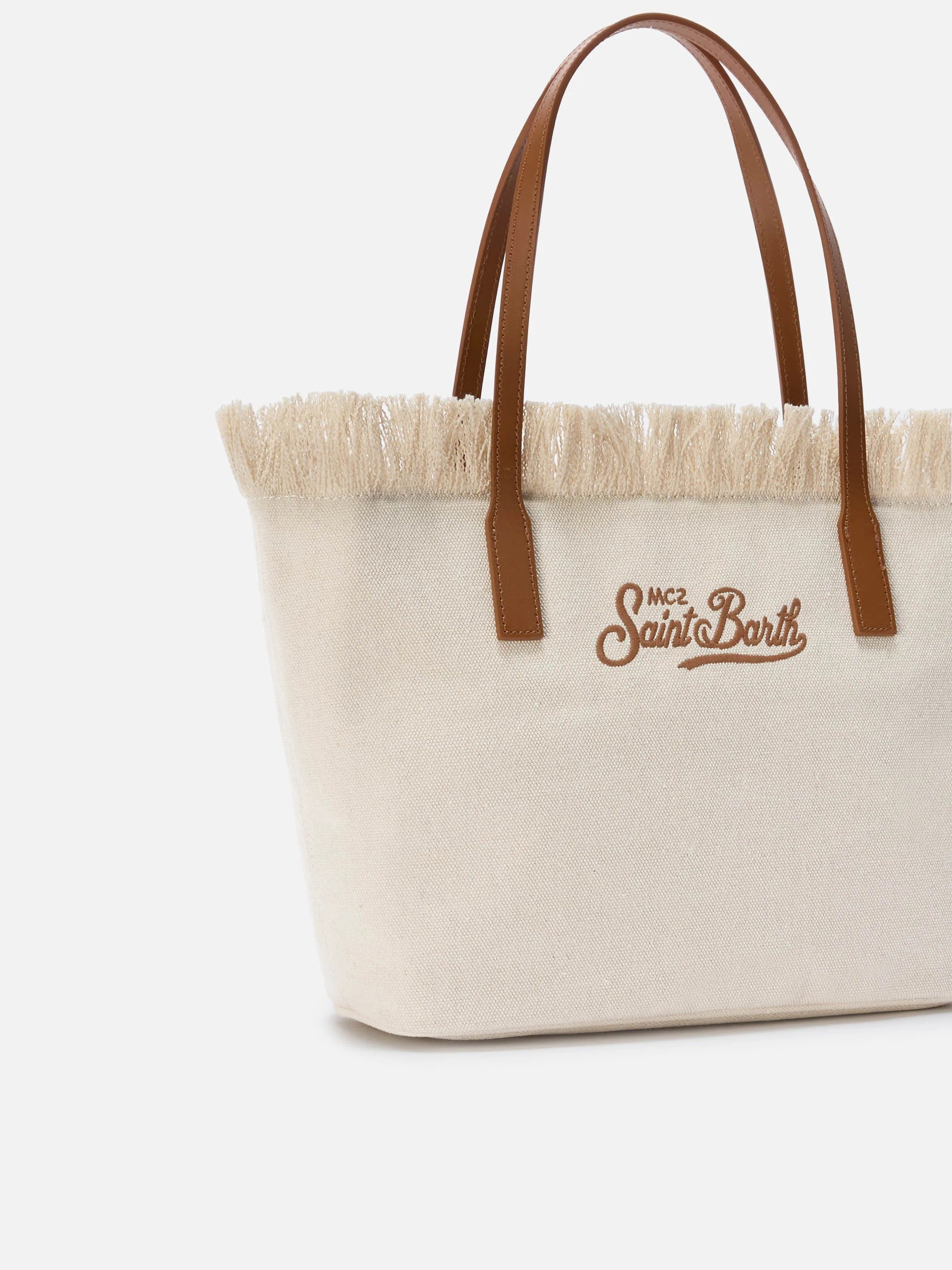 Fringed Beige Canvas Tote Bag with Leather Accents