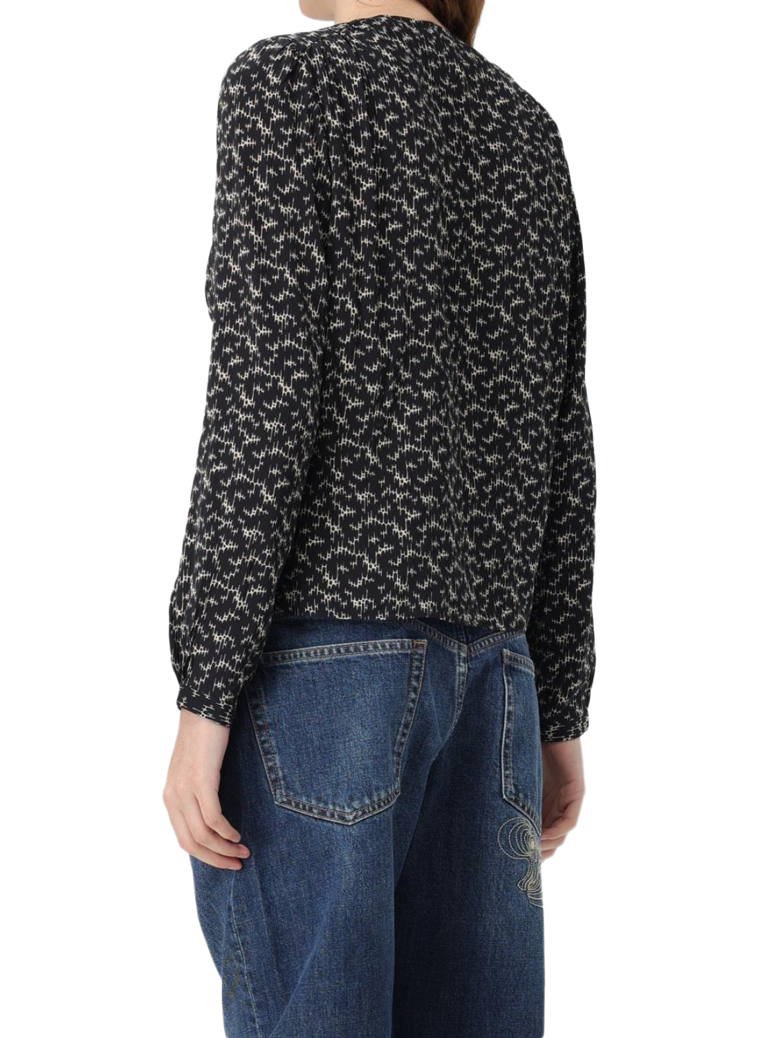 Floral-Pattern V-Neck Tunic with Pleated Waist