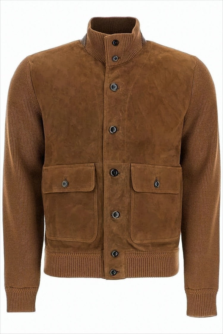 Brown Lamb Leather And Wool Jacket With Ribbed Sleeves