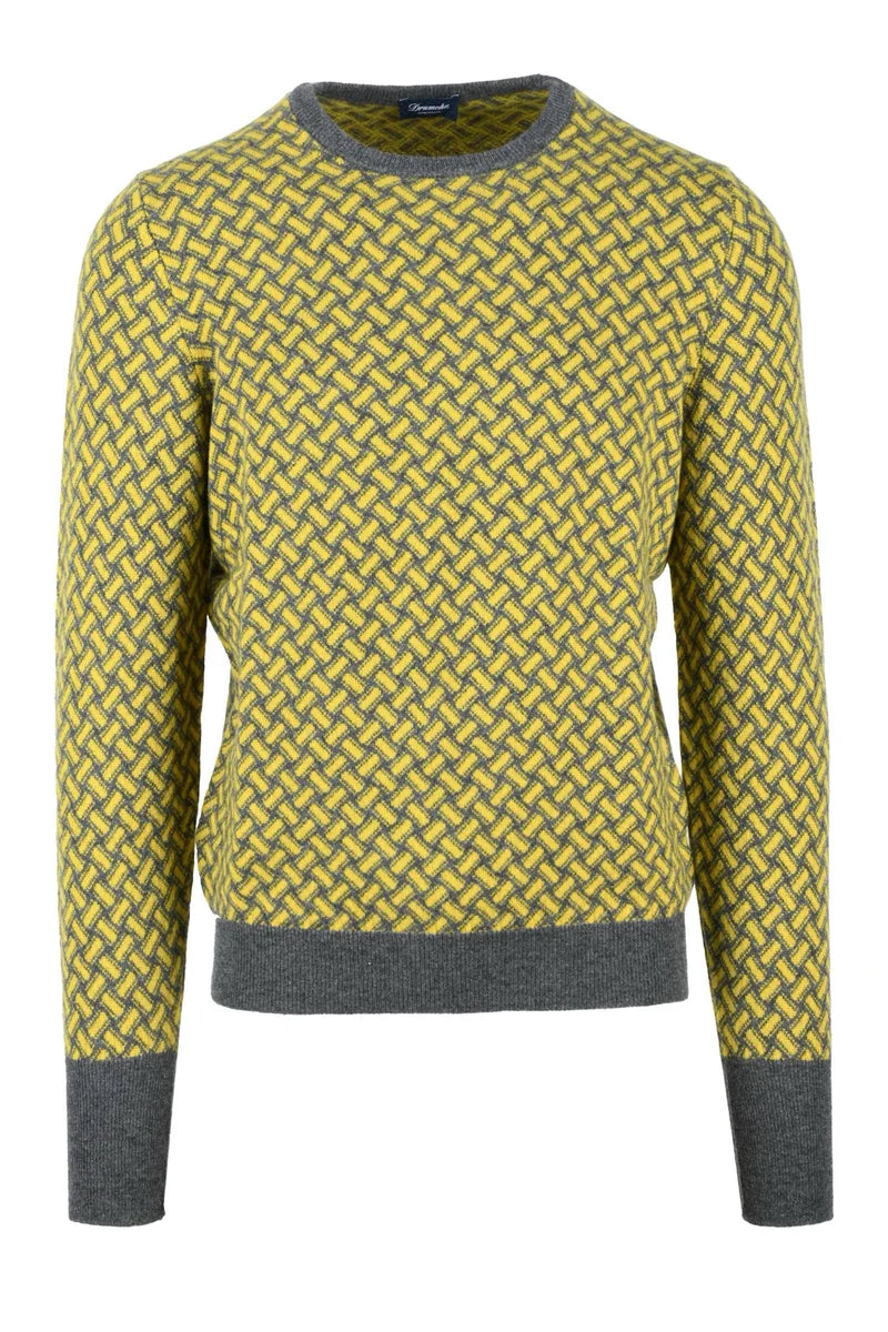 Cashmere Crew Neck Pullover - Yellow/Grey