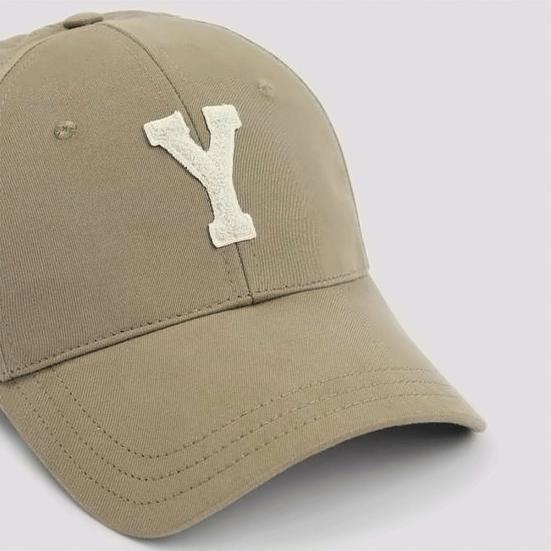 Structured Beige Cotton Baseball Cap with Textured 'Y' Applique
