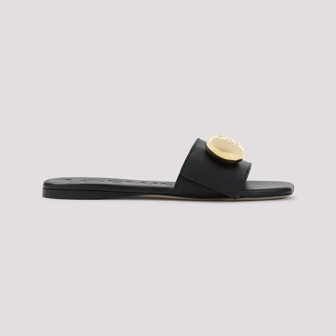Minimalist Black Slide Sandals with Gold-tone Medallion