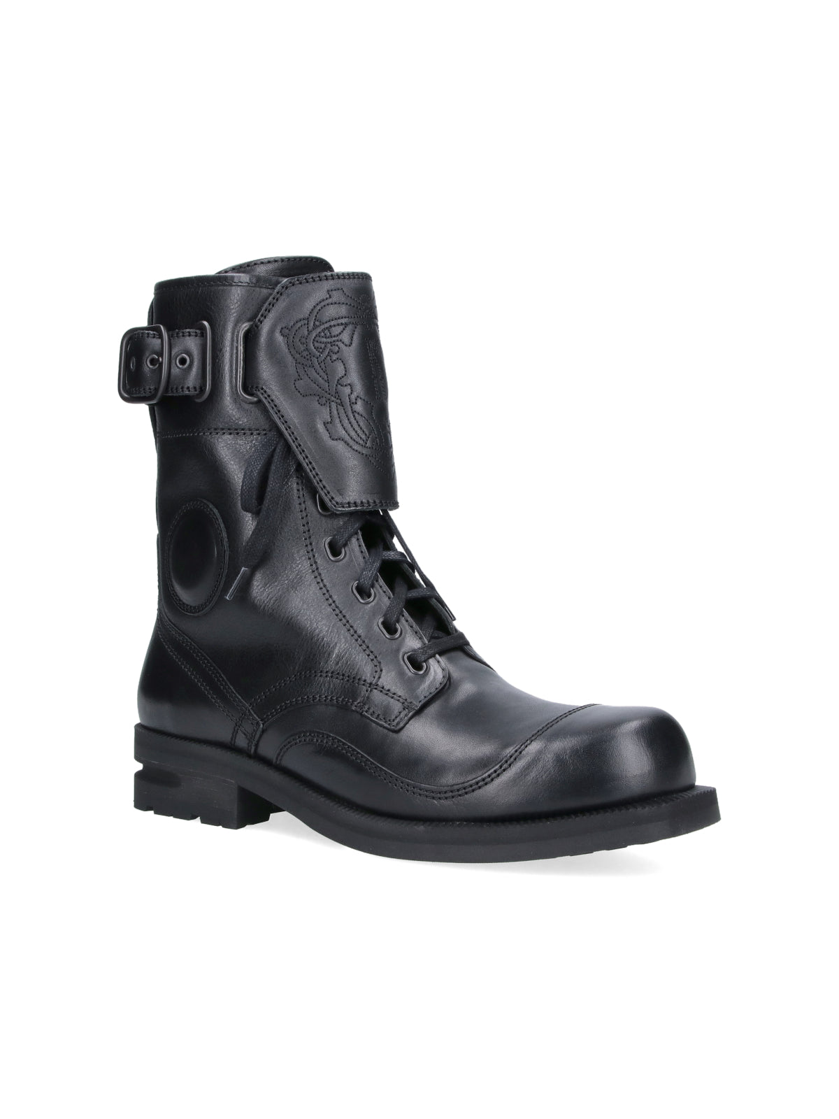 Black Lace-Up Buckle Leather Boots