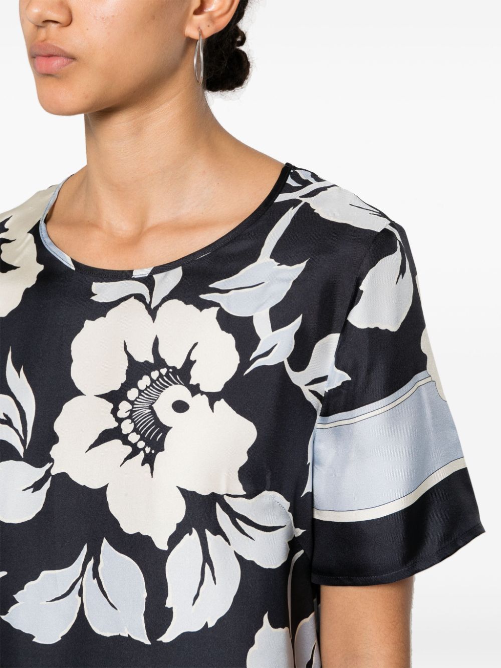Floral Print Silk Short Sleeve Blouse