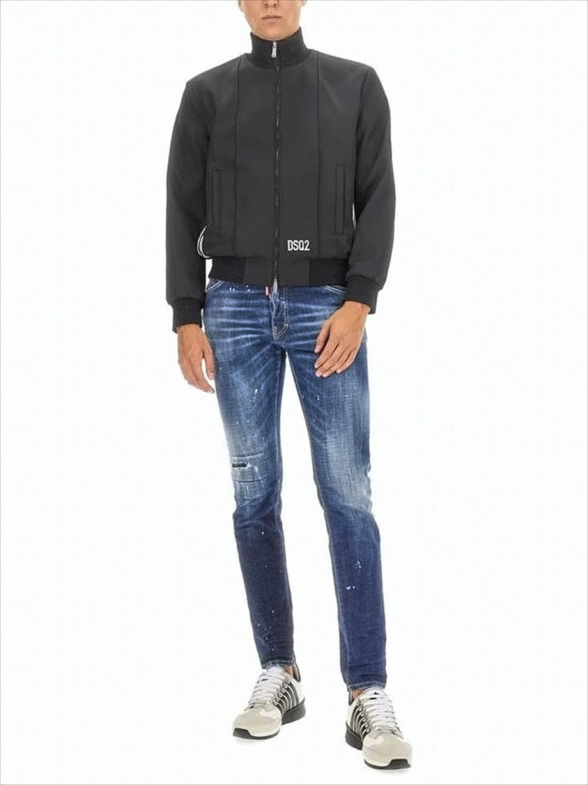 Black Jacket with High Collar and Subtle Stripe Detail