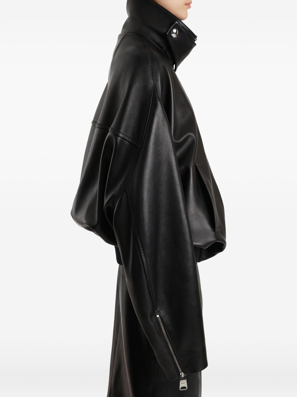 Black Cupro Silk Twill Stand Collar Coat