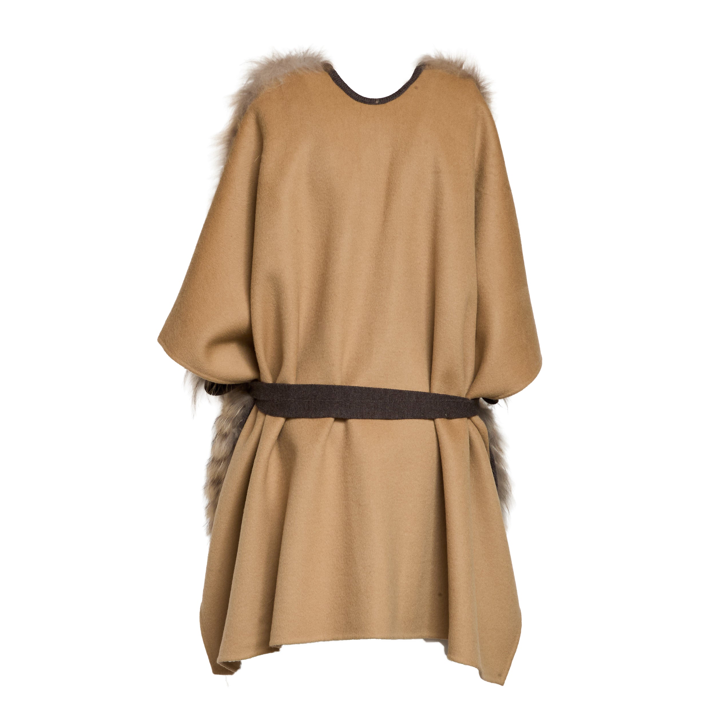 Oversized Beige Cape-Style Gilet with Faux Fur Detail