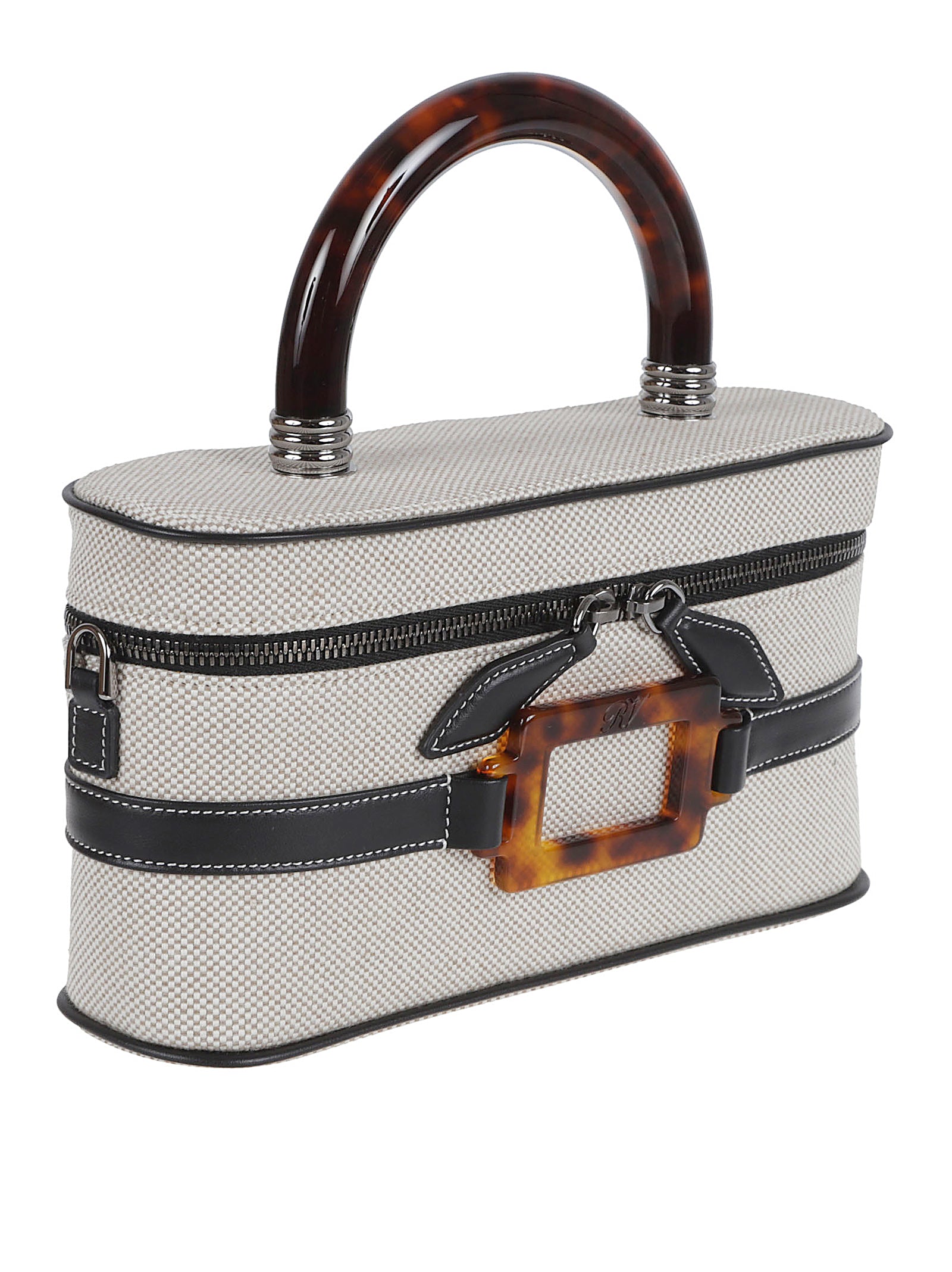 Textured Fabric Handbag with Tortoiseshell Accents