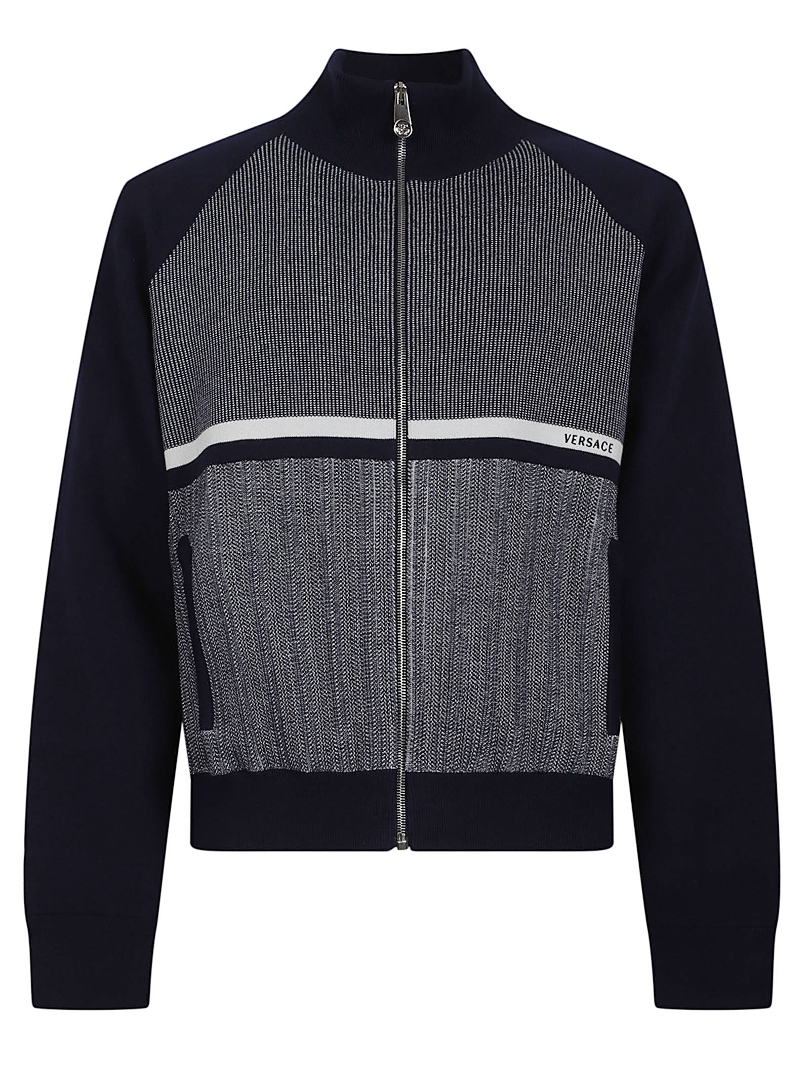 Textured Knit Sweater with Zip-Up Front and High Collar