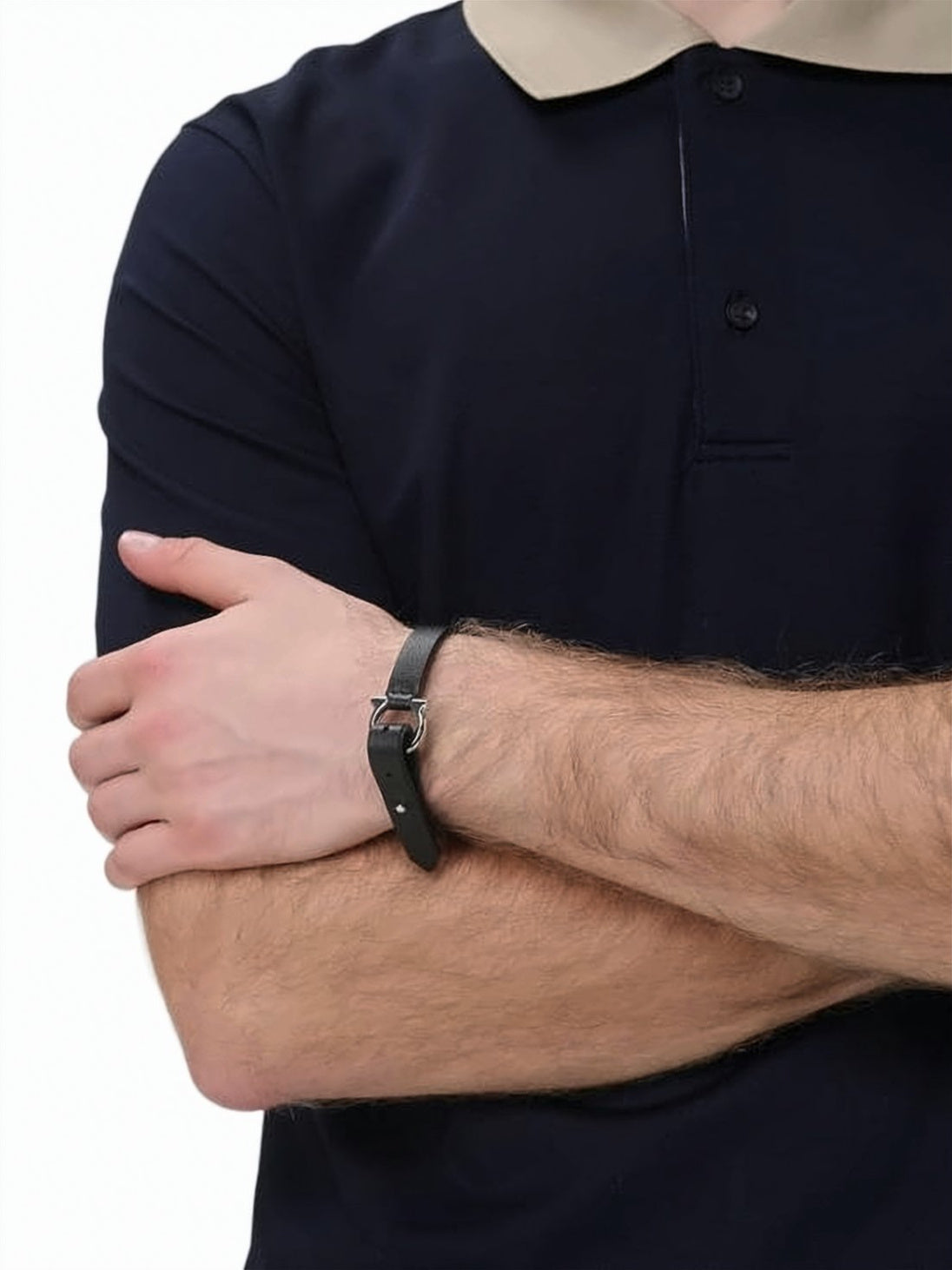 Black Calf Leather Bracelet with Silver-Toned Clasp
