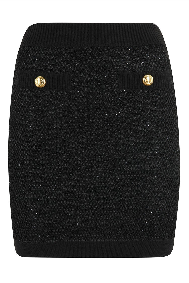 Textured Knit Mini Skirt With Gold Applique Buttons