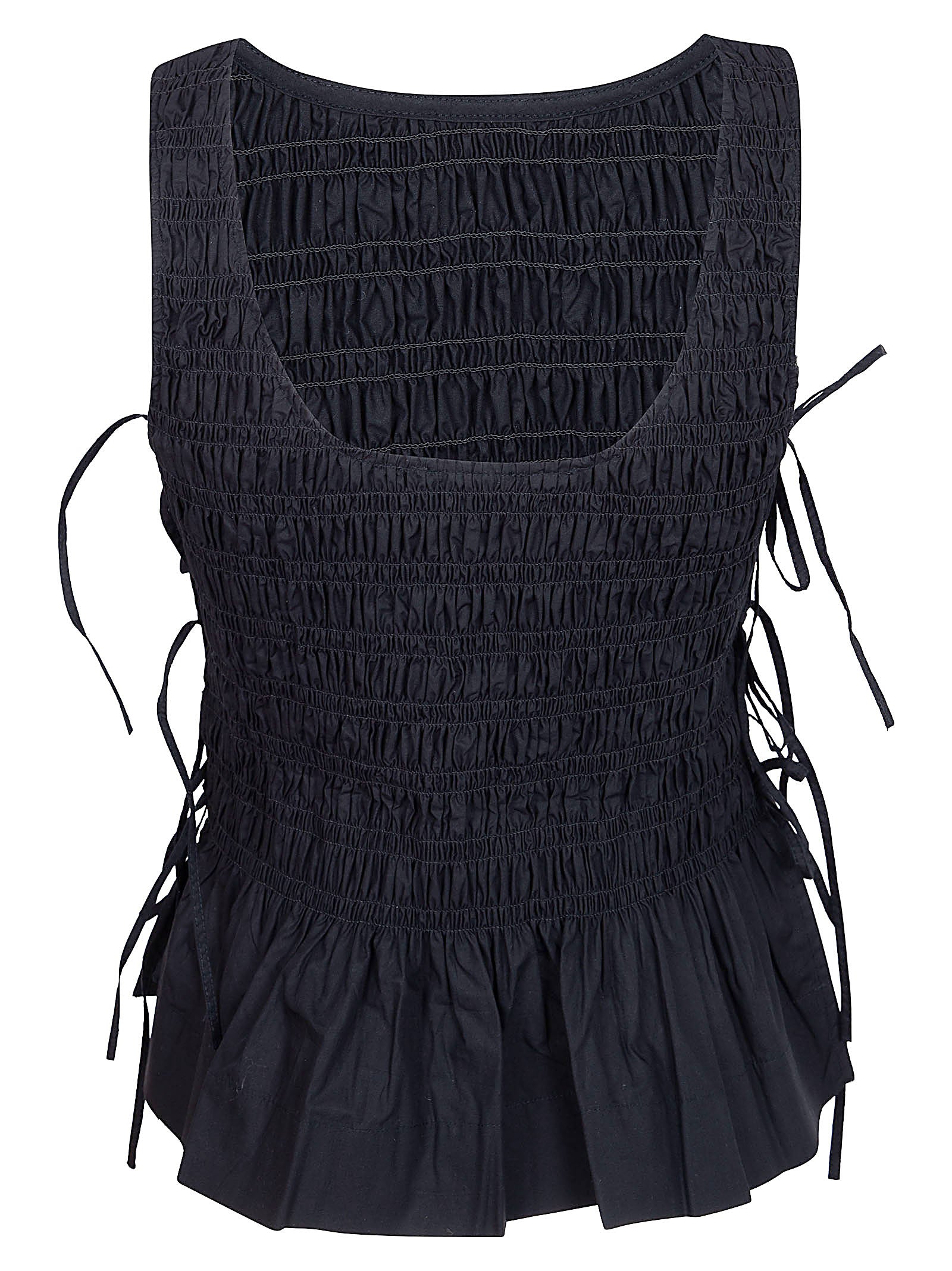 Textured Black Cotton Poplin Top with Ruched Details