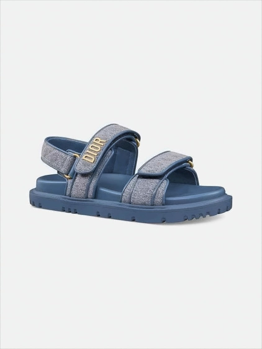 Textured Blue Sandals With Adjustable Straps And Gold-Tone Detailing