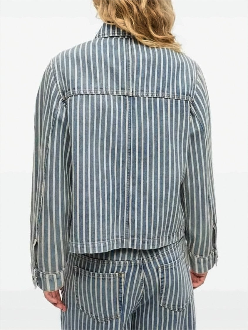 Cropped Denim Jacket with Vertical Stripes