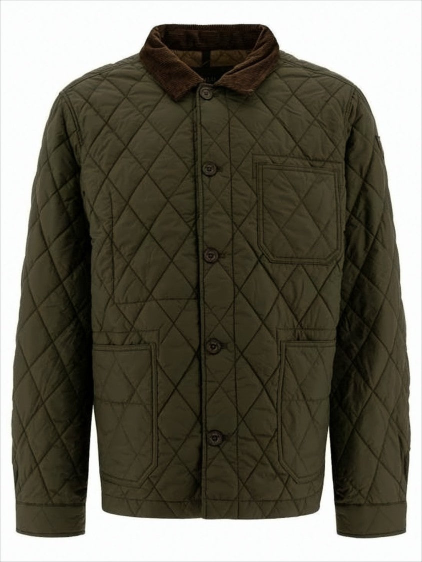 Quilted Green Jacket with Corduroy Collar and Padded Warmth