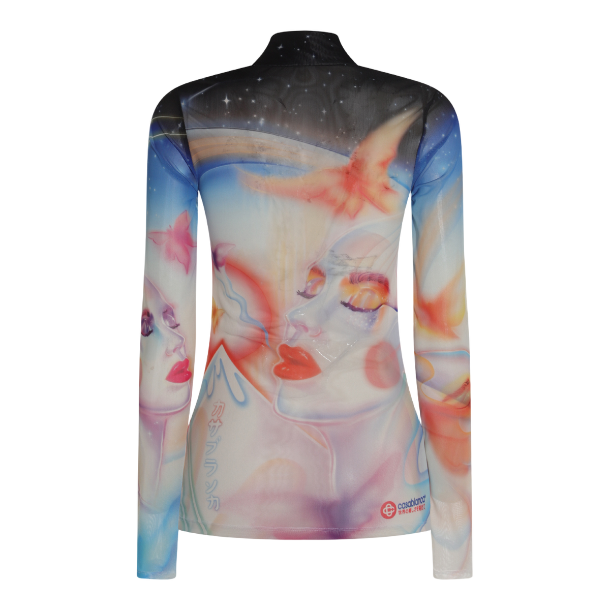 Long-Sleeve Sheer Top with Surreal Artistic Print