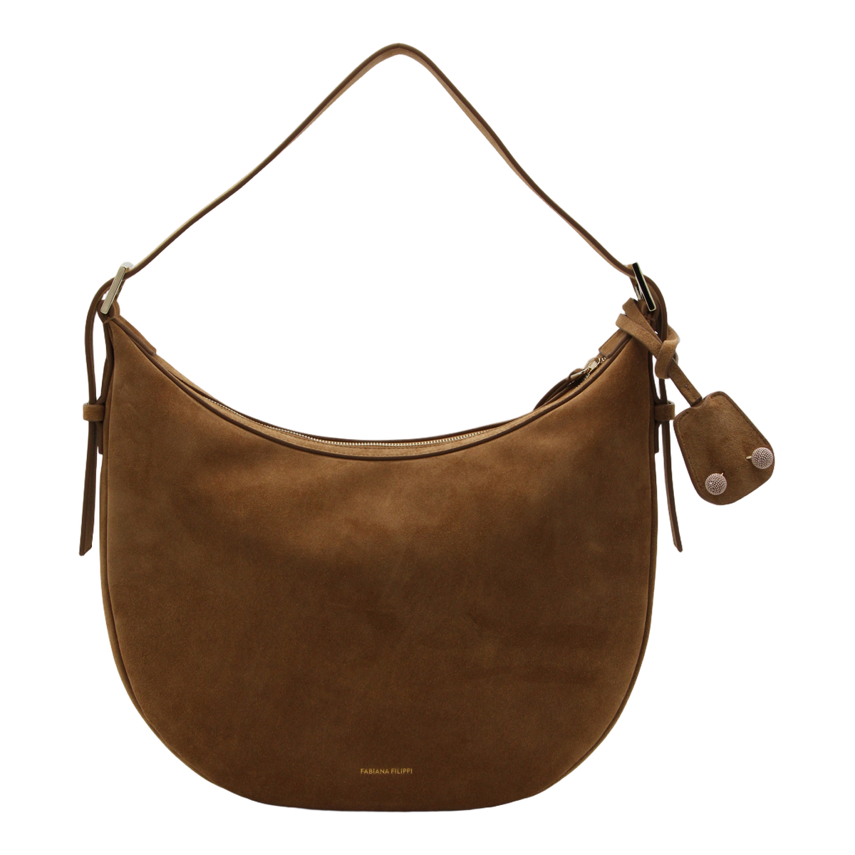Crescent-Shaped Brown Suede Bag with Adjustable Strap