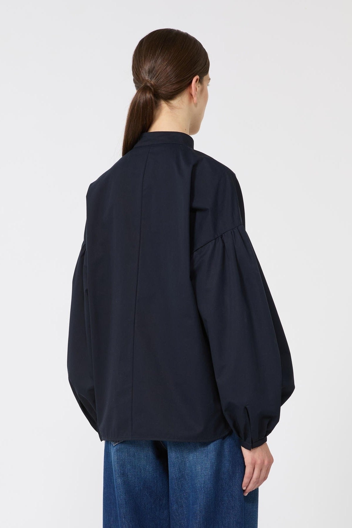 Balloon Sleeve Top with Stand-Up Collar and V-Neckline