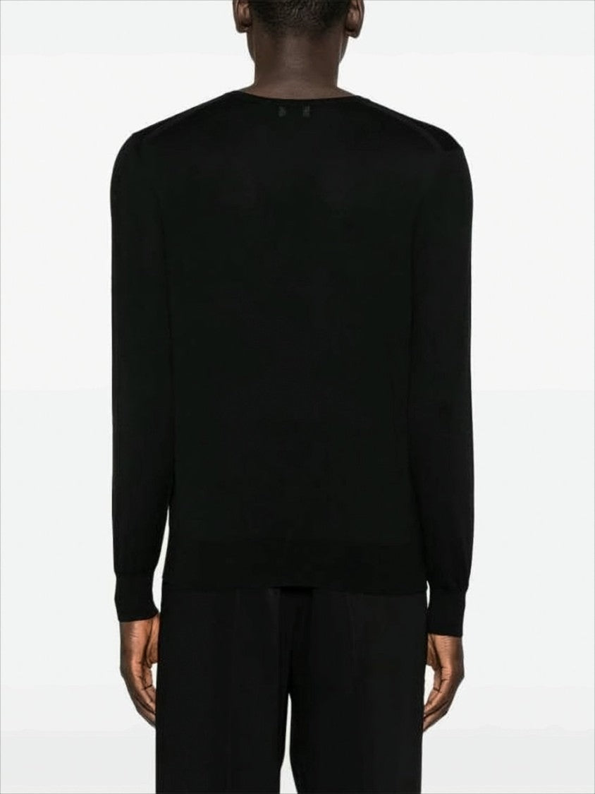 Crew Neck Black Wool Sweater with Ribbed Detail