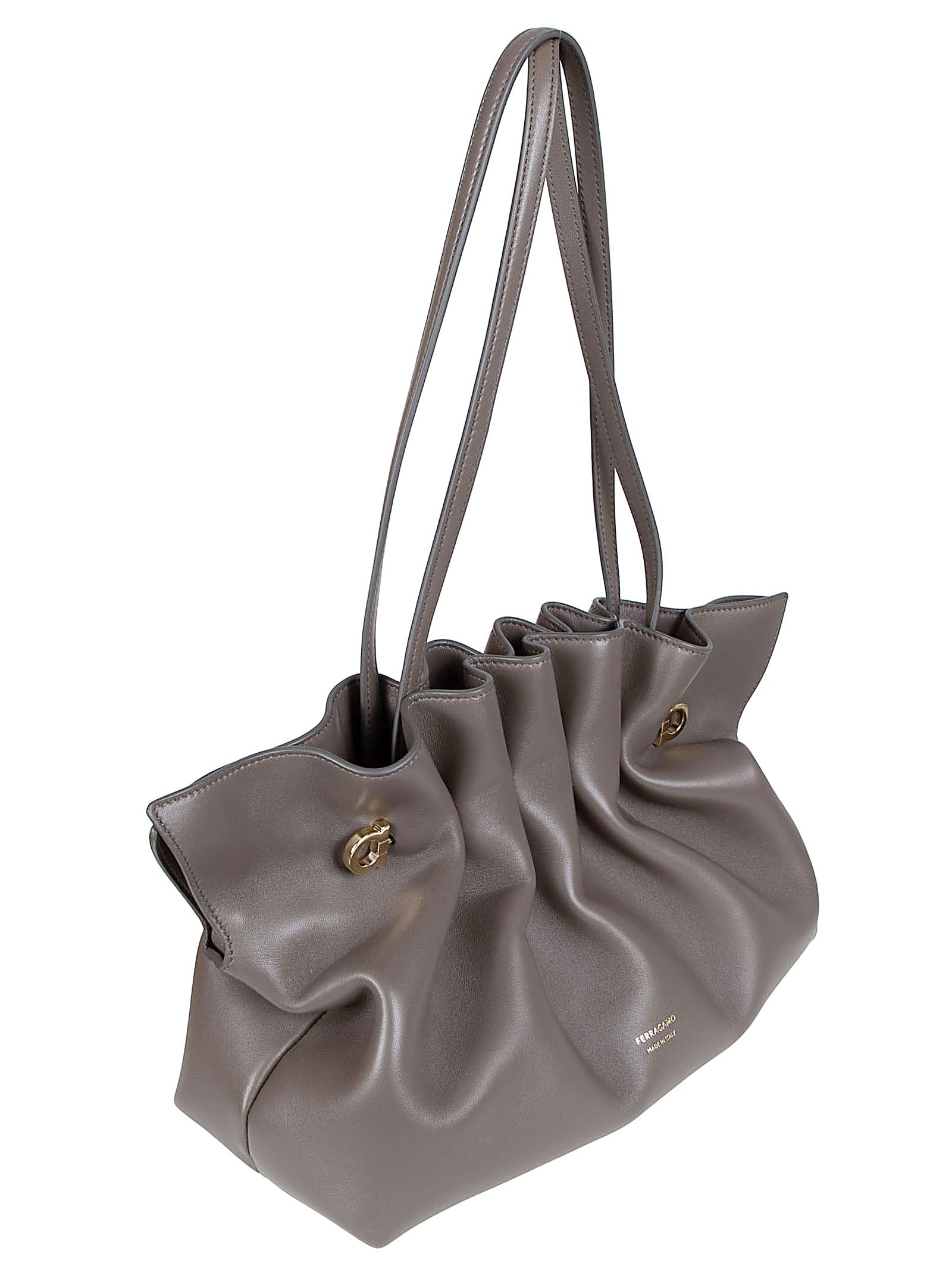 Ruched Grey Lamb Leather Shoulder Bag with Dual Straps
