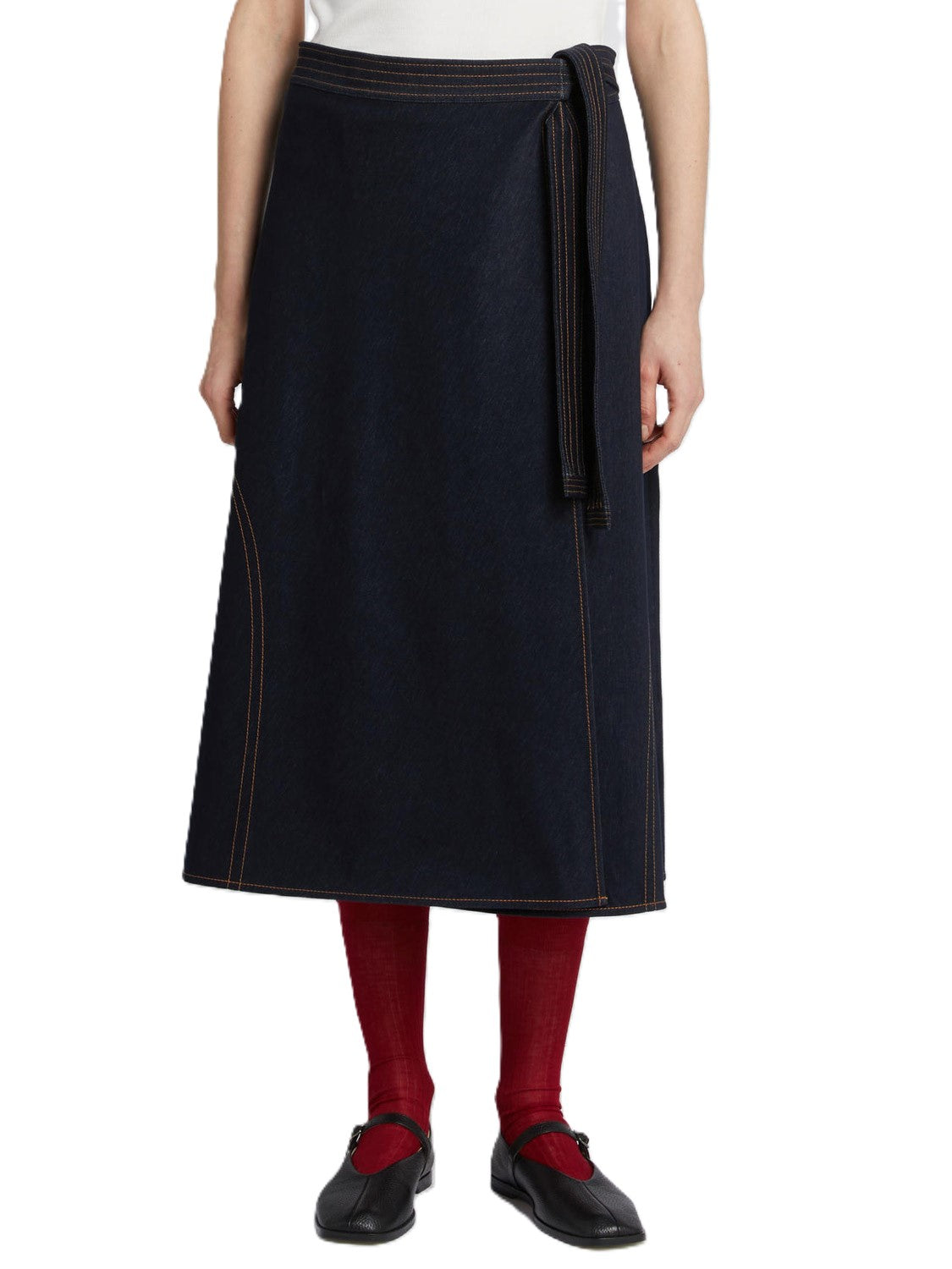 Midi-Length Wrap Skirt in Dark Indigo