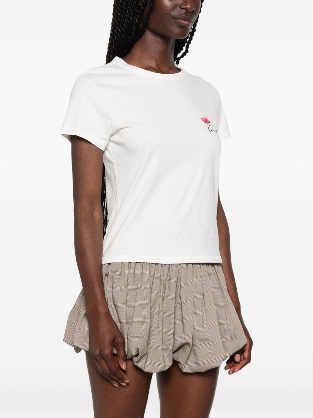 White Flower Embroidery Logo Crew Neck Top